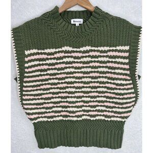& Merci Women's Contrast Stitch Sweater Vest Size Large Green Pink White